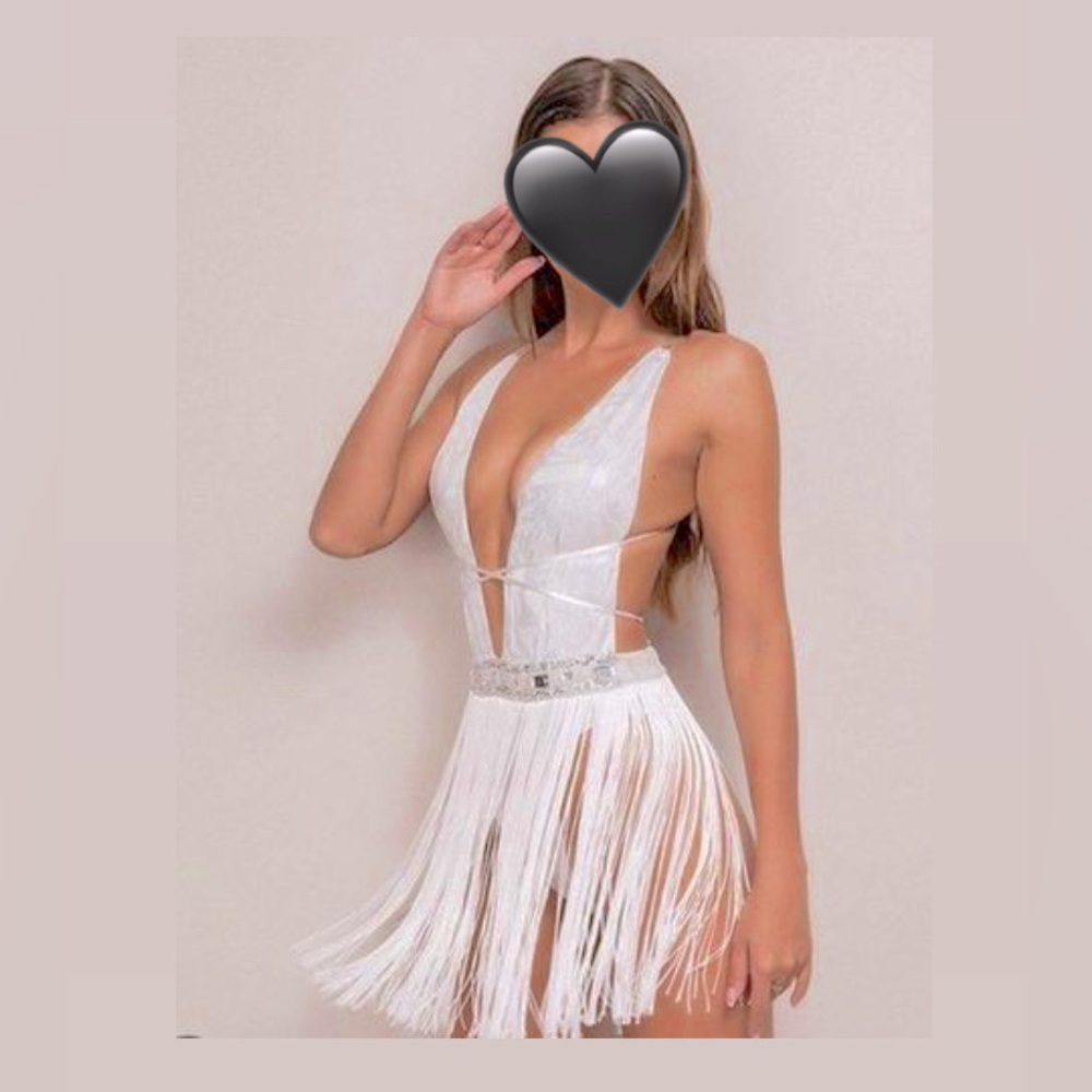 Silver/ White Backless Tasseled/ Fringe Bodysuit